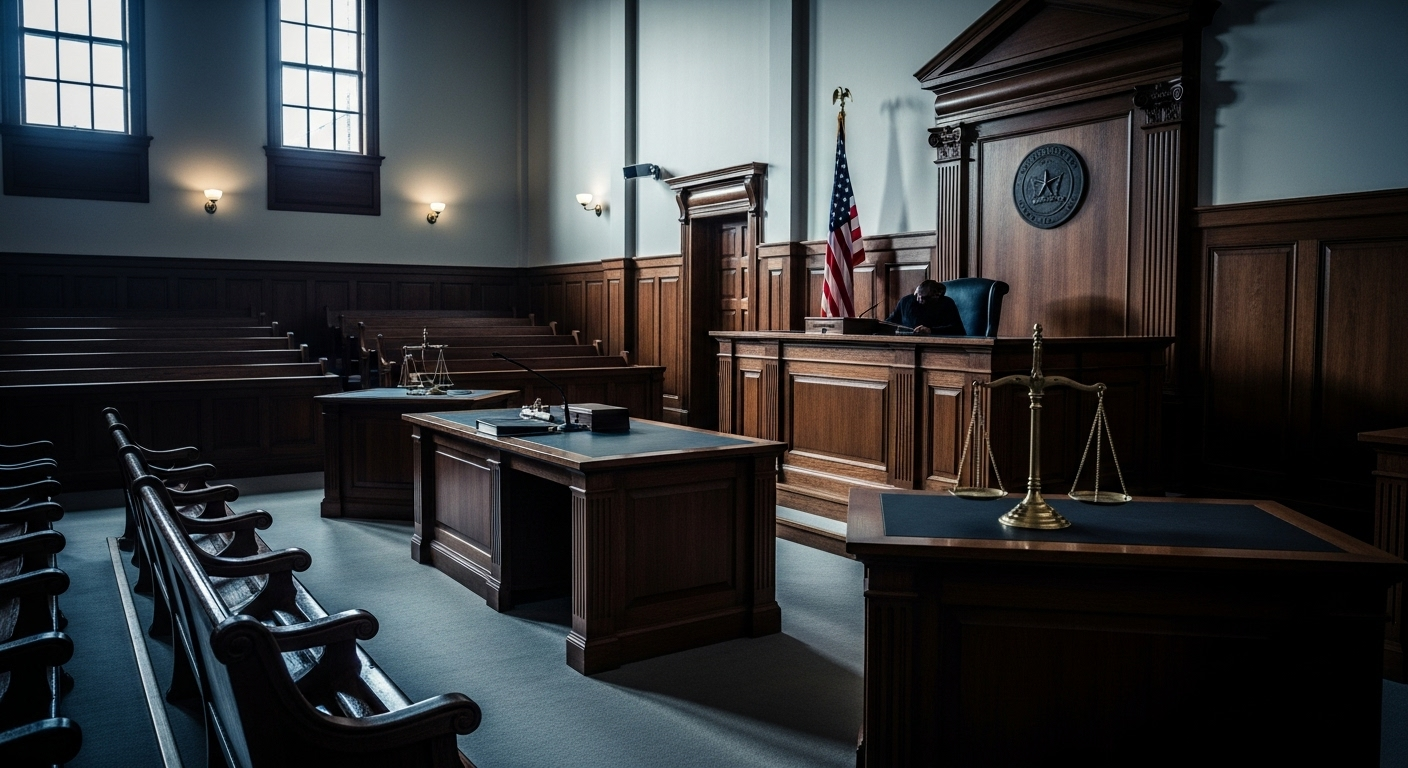 Professional courtroom interior with judge's bench and scales of justice