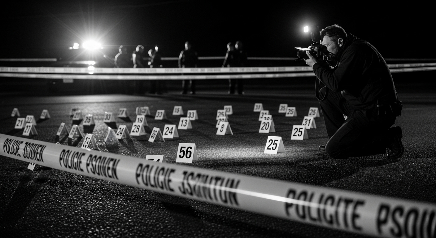 Crime scene investigation with police tape and evidence markers