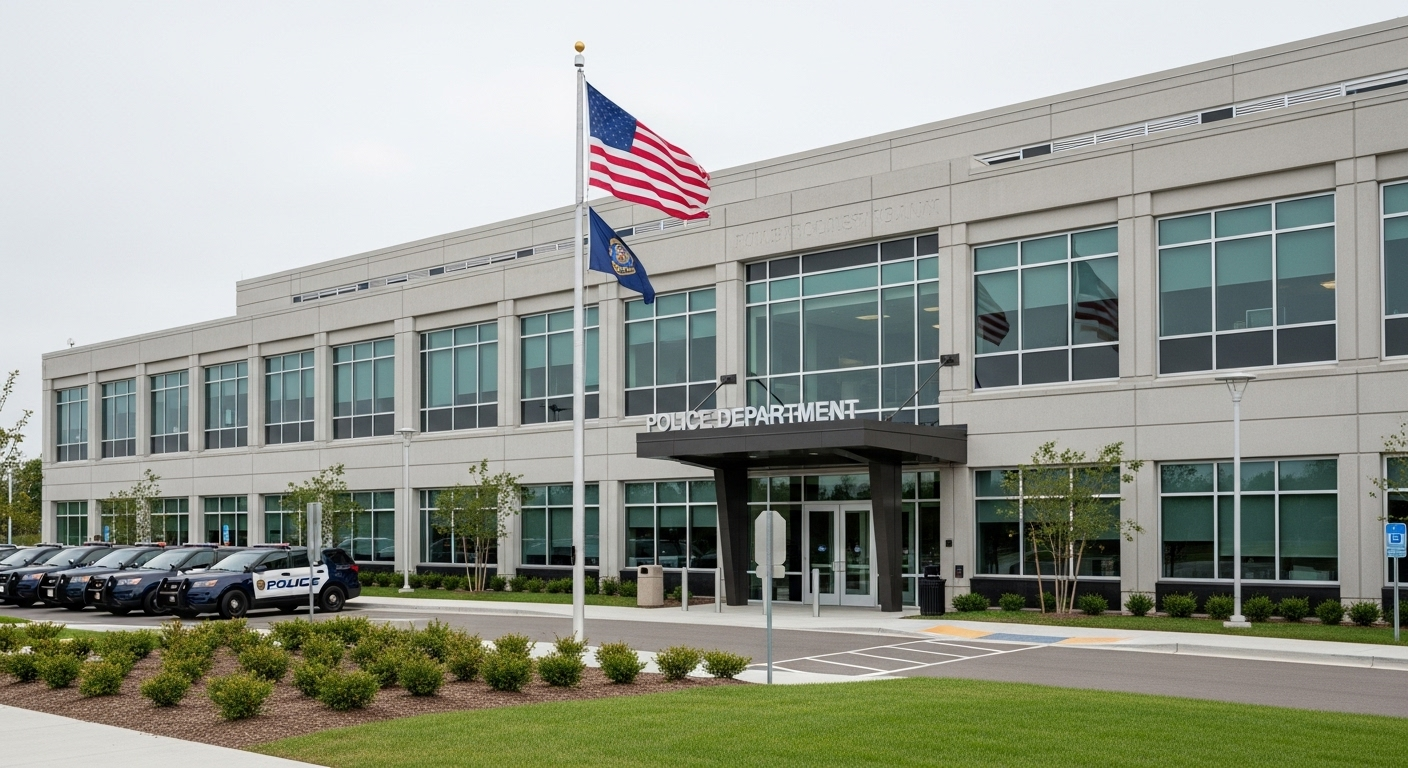 Modern police station exterior with professional architecture